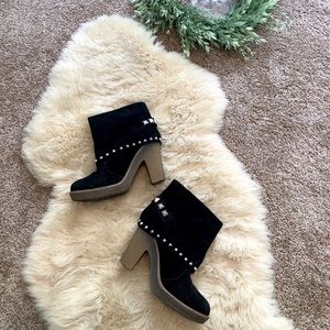 Silver studded black suede booties w chunky heel